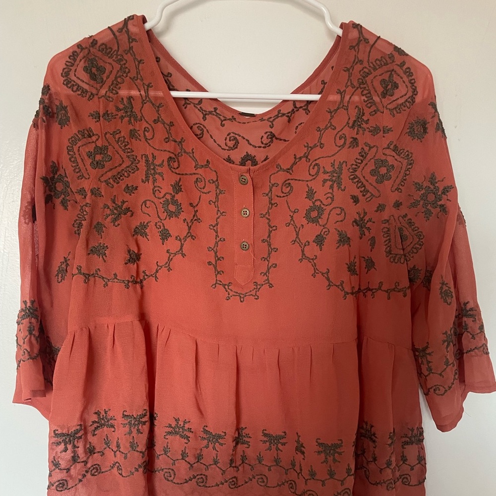 Free People Sheer Babydoll Embroidered Blouse